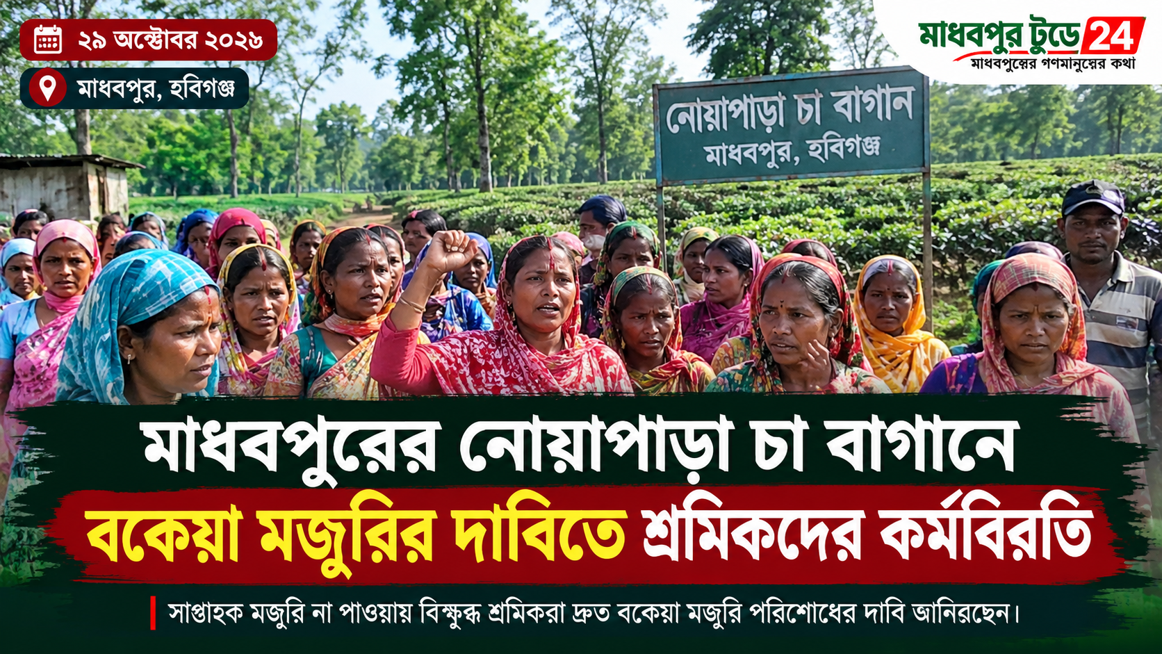 মাধবপুরের নোয়াপাড়া চা বাগানে বকেয়া মজুরির দাবিতে শ্রমিকদের কর্মবিরতি